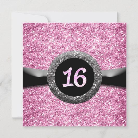 Roze Glitter Sweet 16 Ribbon Embleem Uitnodiging (Voorkant)