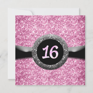 Roze Glitter Sweet 16 Ribbon Emblem Uitnodiging