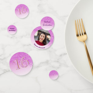 Roze Glitter Sweet 16 Verjaardag met foto Confetti