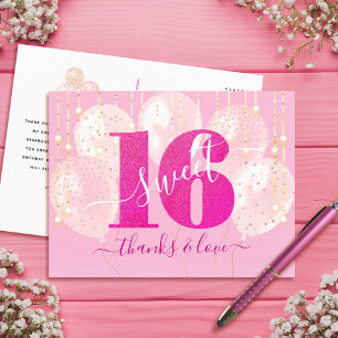 Roze Glitter Sweet 16 Verjaardagsballon Bedankt Briefkaart