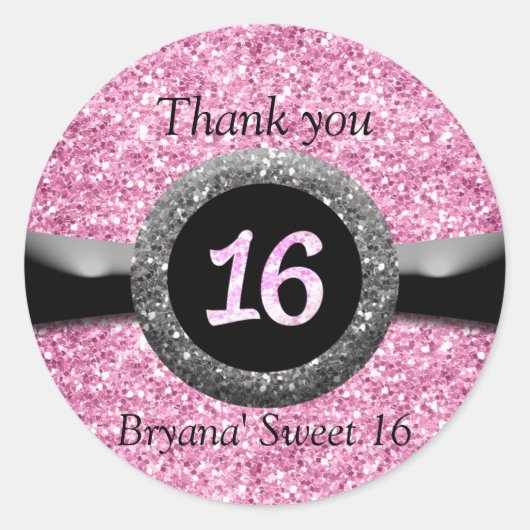 Roze Glitter Sweet 16 Verjaardagsfeestje Favor Sti Ronde Sticker (Voorkant)
