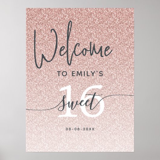 Roze Glitter Sweet 16 Welkom Bord Poster (Voorkant)