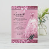 Roze Glitter Sweet Sixteen Birthday Uitnodiging (Staand voorkant)