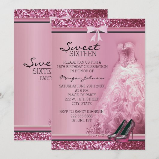 Roze Glitter Sweet Sixteen Birthday Uitnodiging (Voorkant / Achterkant)