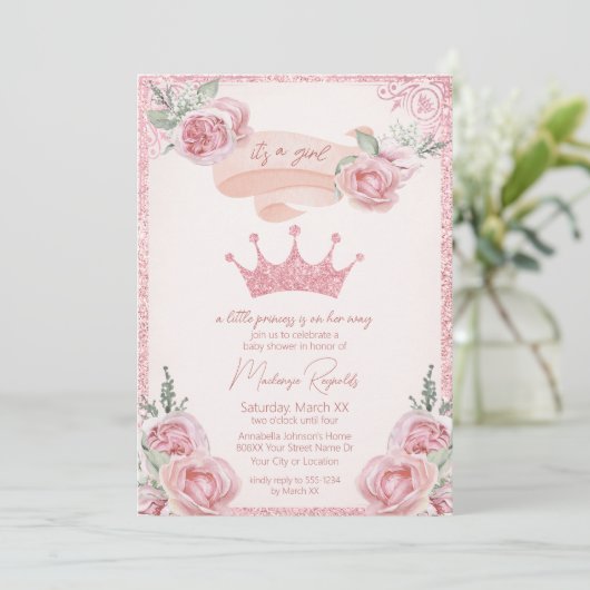 Roze Glitter Tiara Prinses Baby shower Kaart (Staand voorkant)