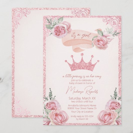 Roze Glitter Tiara Prinses Baby shower Kaart (Voorkant / Achterkant)