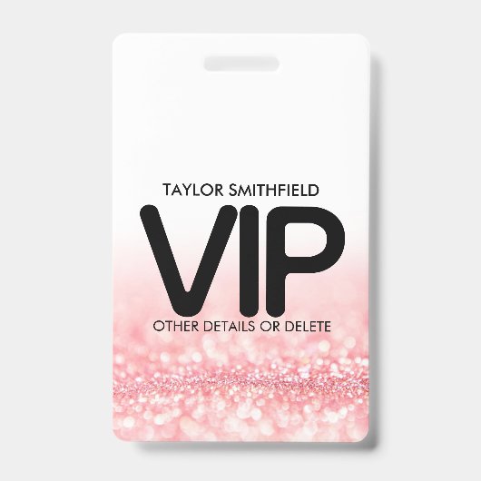 Roze Glitter trendy VIP badge met koord custom (Voorzijde)