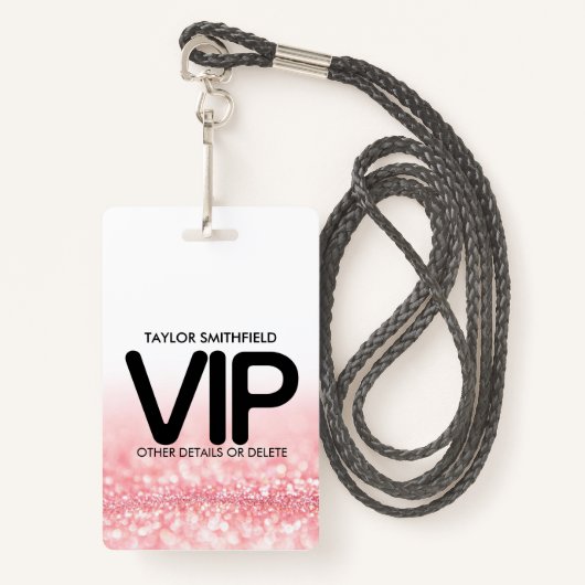 Roze Glitter trendy VIP lanyard badge aangepast (Voorkant met draagriem)