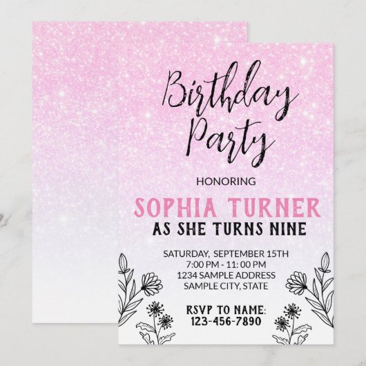 Roze glitter - uitnodiging ter gelegenheid van de (Voorkant / Achterkant)