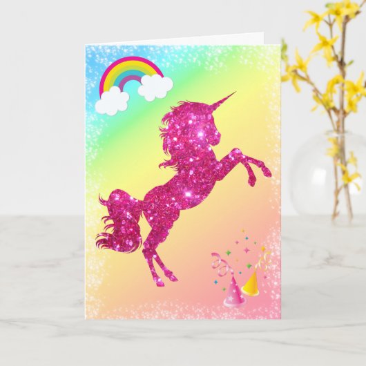 Roze Glitter Unicorn Kaart (Gele Bloem)