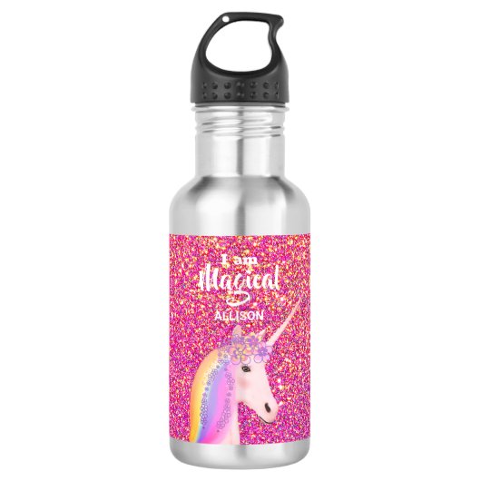 Roze Glitter Unicorn Ombre Gepersonaliseerde Kinde Waterfles (Voorkant)