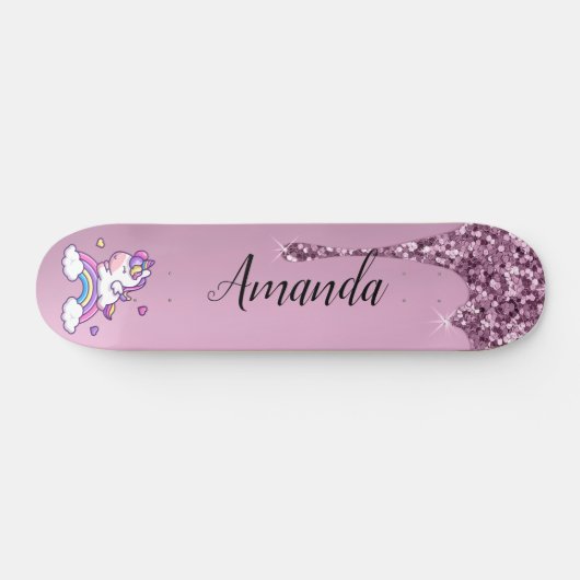 Roze glitter unicorn persoonlijk skateboard (Horizontaal)