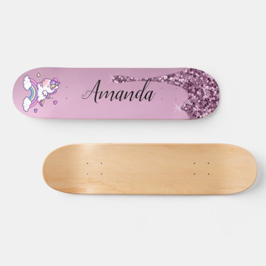 Roze glitter unicorn persoonlijk skateboard (Horizontaal)