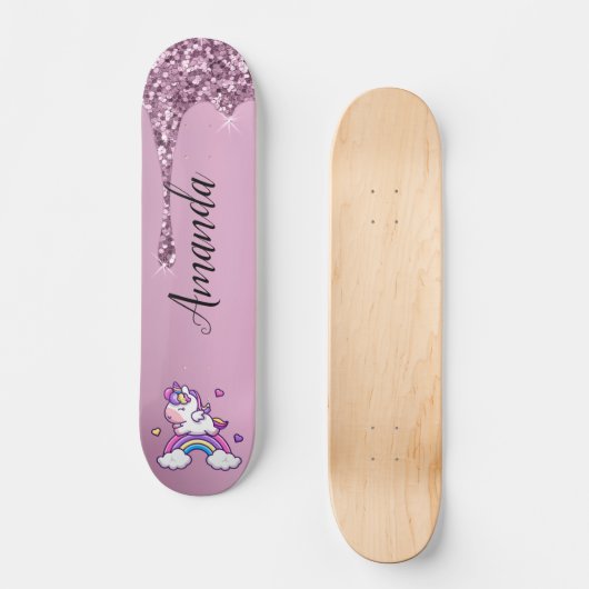 Roze glitter unicorn persoonlijk skateboard (Voorkant)