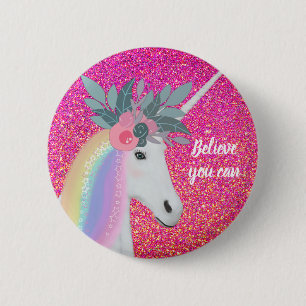 Roze Glitter Unicorn Rainbow Fantasy Flowers Ronde Button 5,7 Cm