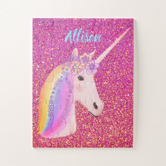 Roze Glitter Unicorn Rainbow Magische Kinderen Legpuzzel (Verticaal)