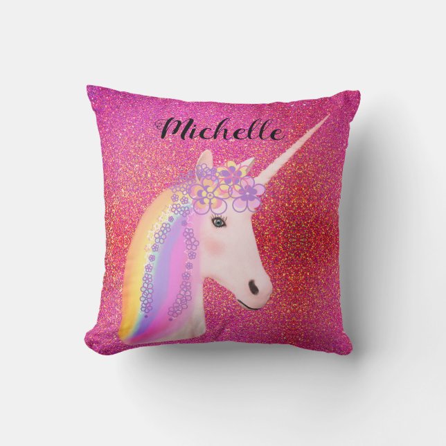 Roze Glitter Unicorn Rainbow Sparkles Personated Kussen (Voorkant)