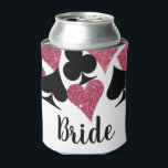 Roze Glitter Vegas Bride Custom Koelbox Blikjeskoeler<br><div class="desc">Klasse omhoog die met een volledig gepersonaliseerde "Bride" koelbox die een spreiding van kaartpakken in glitzy roze glitter en zwart met gepersonaliseerde tekst voor de naam van de bruid bevat. Verzamel de meisjes om de bruid te vieren om bij een weekend te zijn in het gelukkige Las Vegas of gewoon...</div>