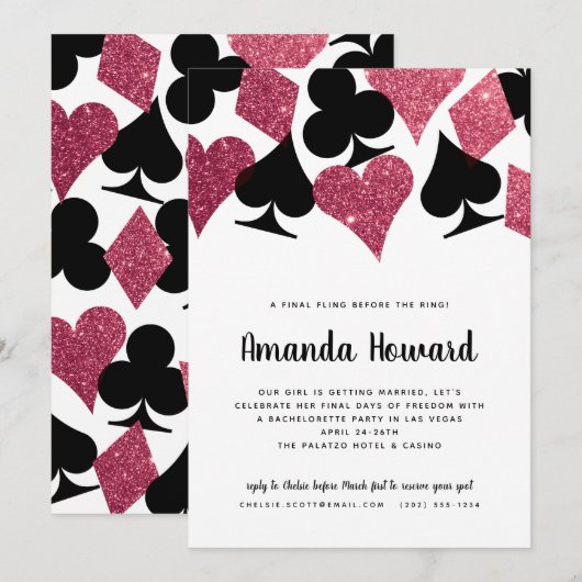 Roze Glitter Vegas Theme Bachelorette Party Invite Kaart (Voorkant / Achterkant)