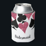 Roze Glitter Vegas Theme Bridesmaid Custom Name Blikjeskoeler<br><div class="desc">Klasse up die kan met een volledig gepersonaliseerde "Bridesmaid" koelbox met een spreiding van kaartpakken in glitzy, faux roze glitter en zwart met gepersonaliseerde tekst voor de leden van de naam van de bridale partij. Verzamel de meisjes om de bruid te vieren om bij een weekend te zijn in het...</div>