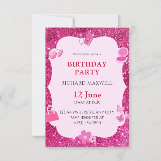 Roze Glitter Verjaardag Uitnodiging (Voorkant)
