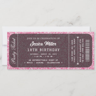 Roze Glitter Verjaardagskaart Ticket Uitnodiging