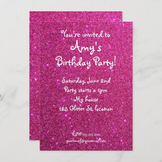 Roze glitter verjaardagsuitnodiging kaart (Voorkant / Achterkant)