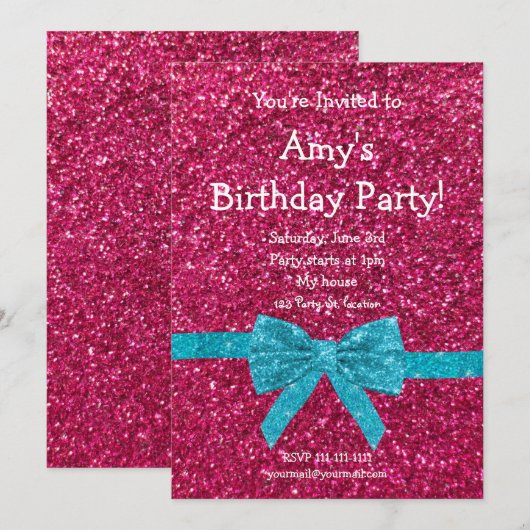 Roze glitter verjaardagsuitnodiging kaart (Voorkant / Achterkant)