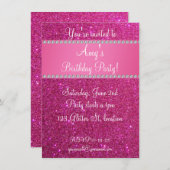 Roze glitter verjaardagsuitnodiging kaart (Voorkant / Achterkant)