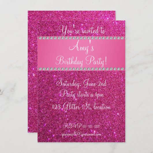 Roze glitter verjaardagsuitnodiging kaart (Voorkant / Achterkant)