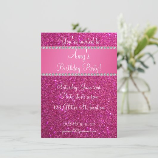 Roze glitter verjaardagsuitnodiging kaart (Staand voorkant)