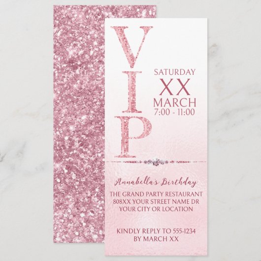 Roze Glitter VIP Ticket Kaart (Voorkant / Achterkant)