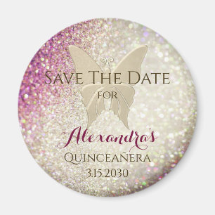 Roze Glitter Vlinder Quinceañera Magneet