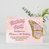 Roze glitter vlinder Verjaardag Uitnodiging (Staand voorkant)