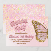 Roze glitter vlinder Verjaardag Uitnodiging (Voorkant / Achterkant)