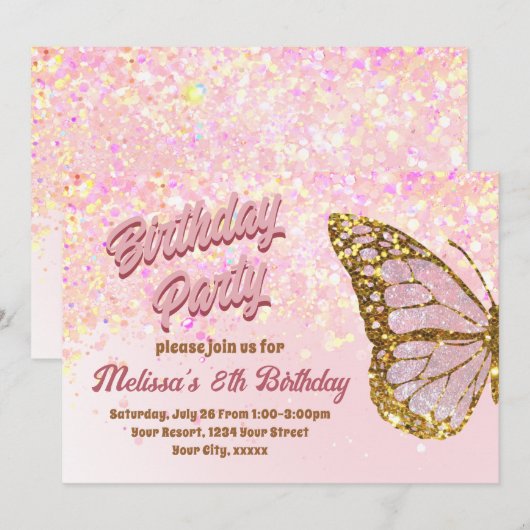 Roze glitter vlinder Verjaardag Uitnodiging (Voorkant / Achterkant)