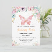 Roze glitter vlinder Verjaardag uitnodiging 2025 (Staand voorkant)