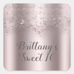 Roze Glitter Vlindervlinder Sweet 16 Feestje Vierkante Sticker