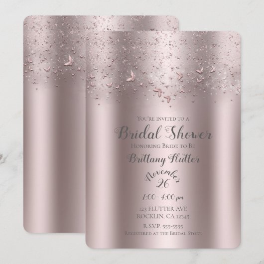 Roze Glitter Vlindervormige Bruidsdouche Kaart (Voorkant / Achterkant)