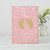 Roze Glitter Voetafdruk Baby Girl Douche Uitnodigi Kaart (Staand voorkant)