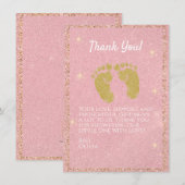 Roze Glitter Voetafdruk Baby Meisje Dank je kaart (Voorkant / Achterkant)
