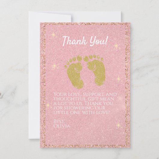 Roze Glitter Voetafdruk Baby Meisje Dank je kaart (Voorkant)