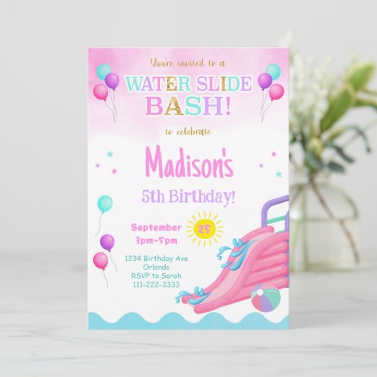 Roze Glitter Waterslide Bash Meisjes Verjaardag Ui Kaart (Staand voorkant)