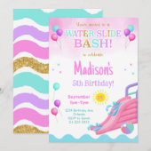 Roze Glitter Waterslide Bash Meisjes Verjaardag Ui Kaart (Voorkant / Achterkant)