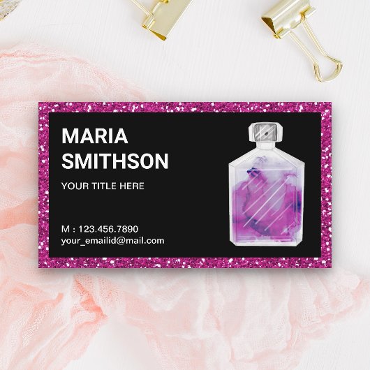 Roze glitter waterverf parfumfles visitekaartje