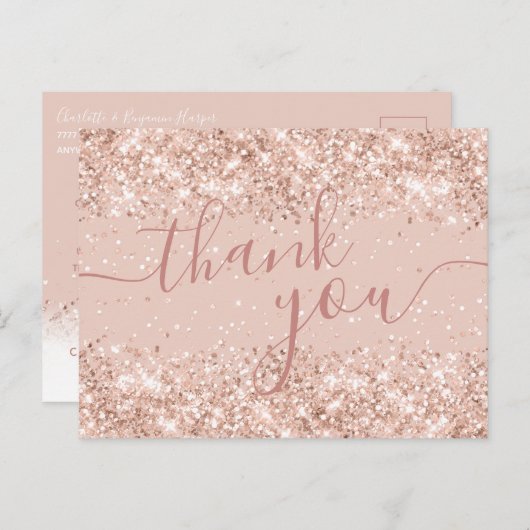 Roze Glitter Wedding Bedankt Briefkaart (Voorkant / Achterkant)