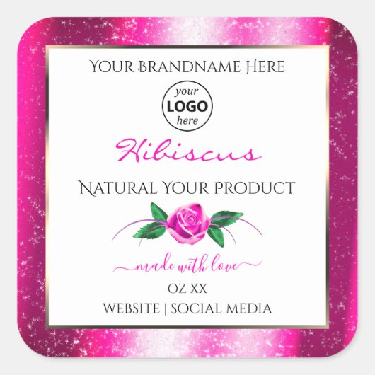Roze Glitter White Product Labels Floral Roos Logo (Voorkant)