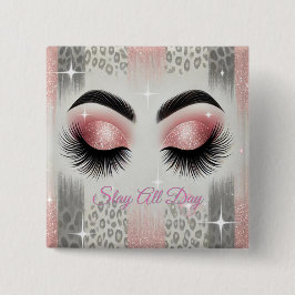 Roze Glitter Wimpers Vierkante Button 5,1 Cm