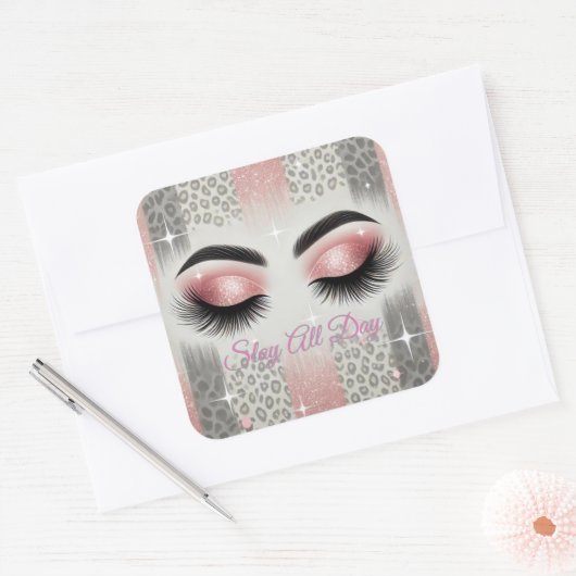 Roze glitter wimpers vierkante sticker (Envelop)