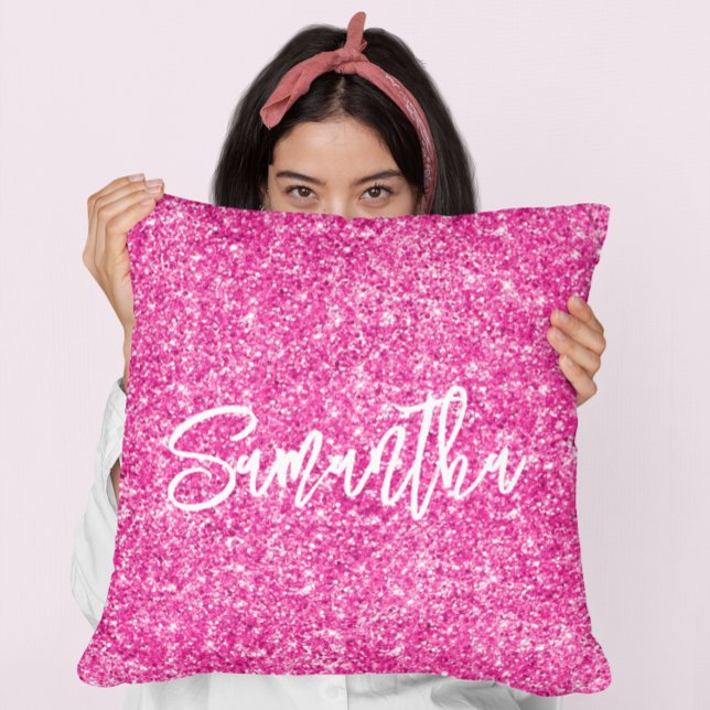 Roze glitter witte kwast lettertype kussen (Creator heeft geüpload)